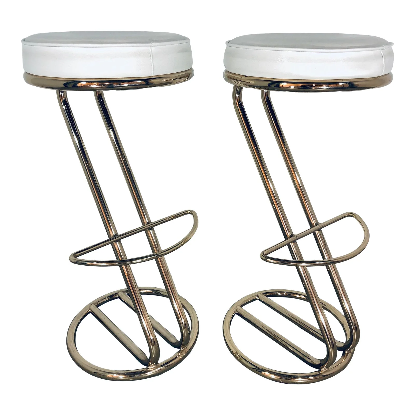 Mid Century Modern White Leather and Brass Bar Stools- A Pair