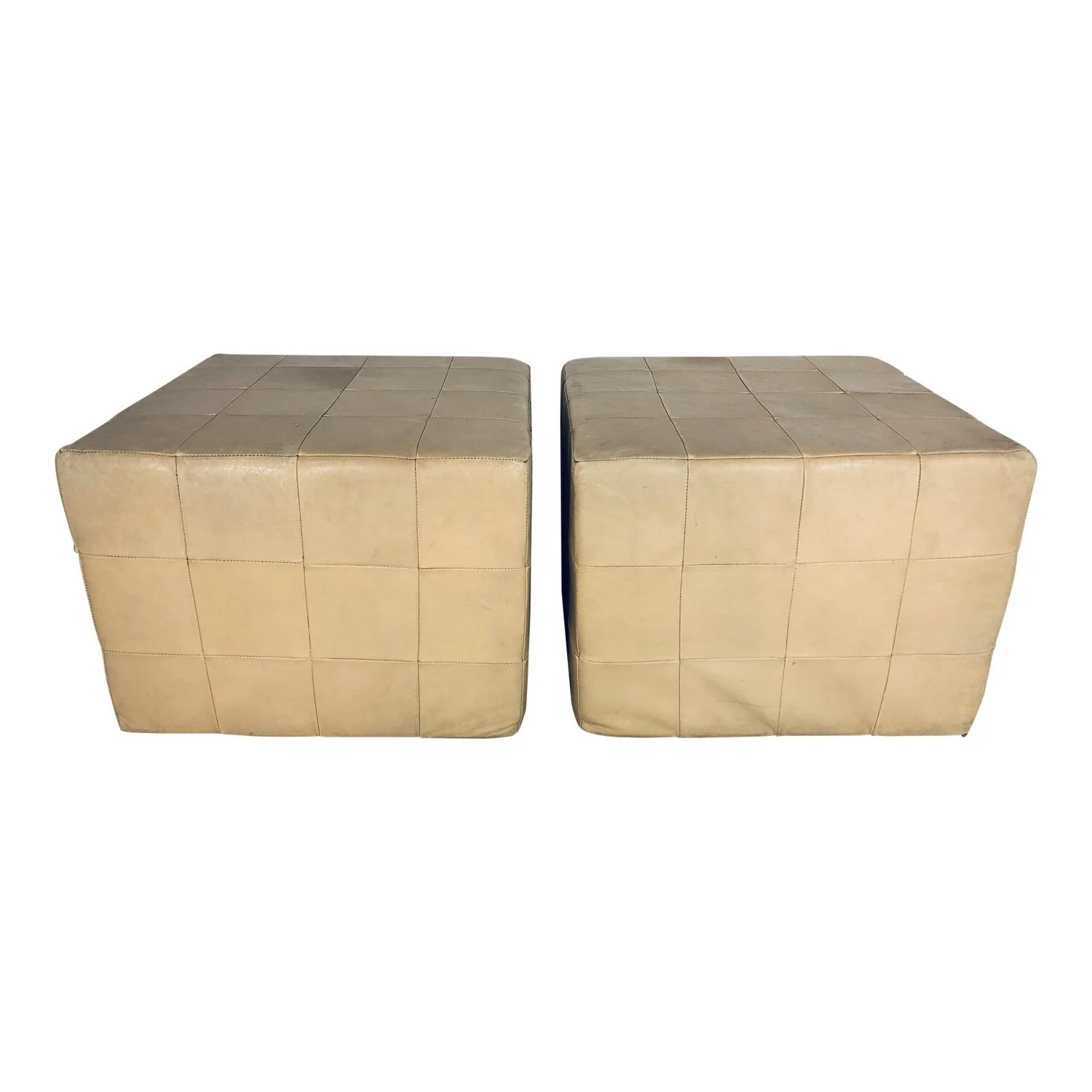 1970s Vintage De Sede Patchwork Distressed Leather Ottomans- A Pair