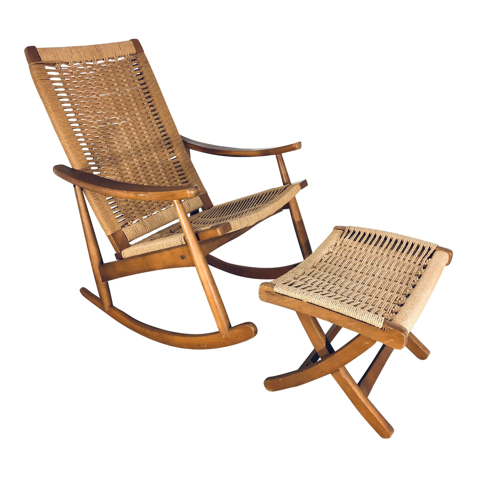 Woven Rope Rocking Chair and Foot Rest, 1960s