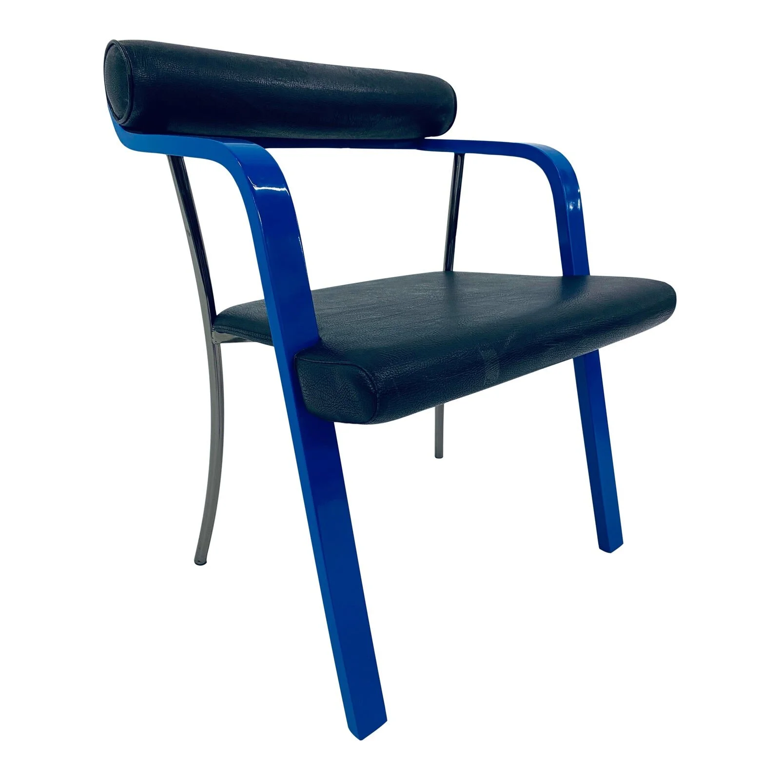 1980s Post Modern Occasional Arm Chair in Naugahyde and Blue Lacquer