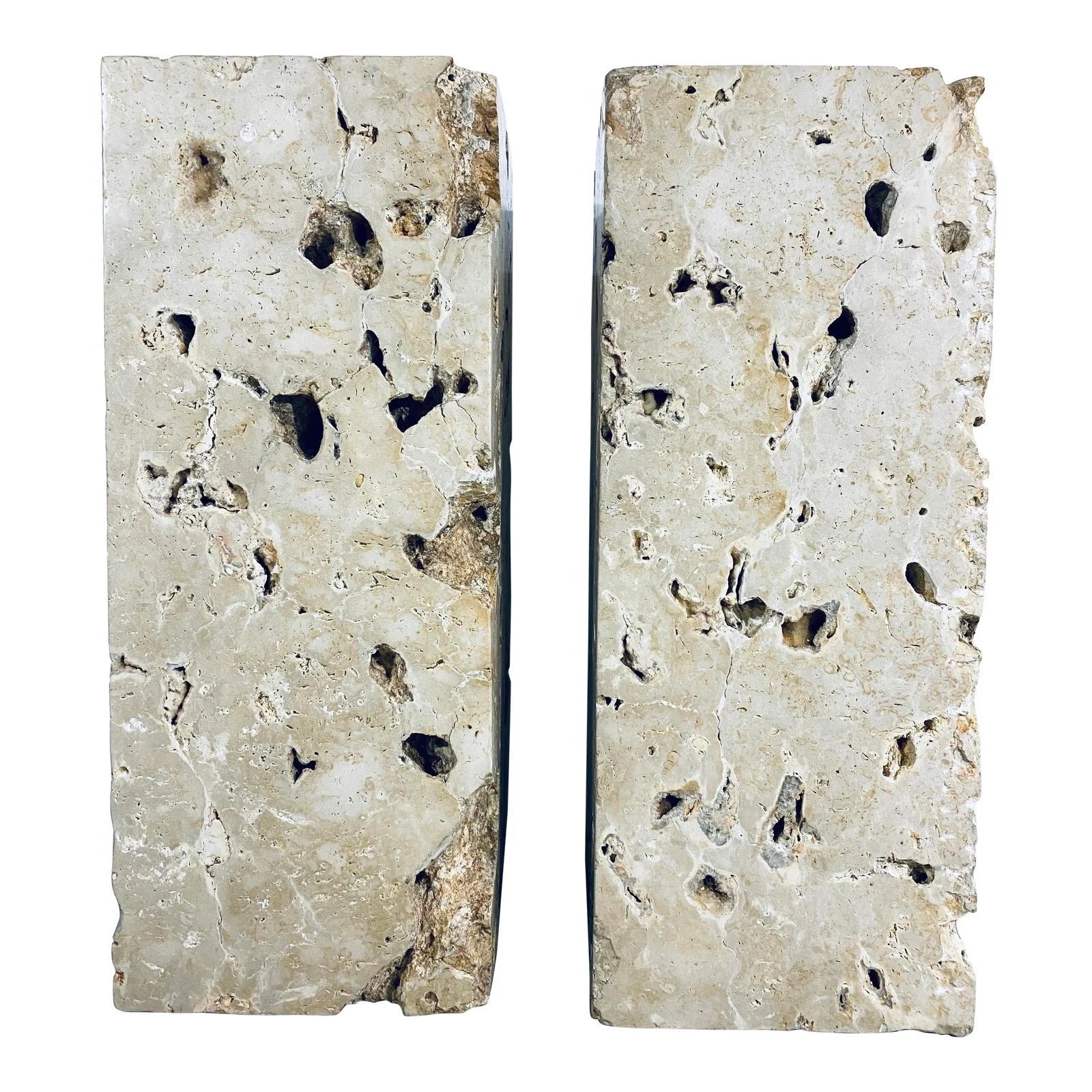 Polished Italian Solid Marble Pedestal Tables With Natural Crevices and Quartz - a Pair