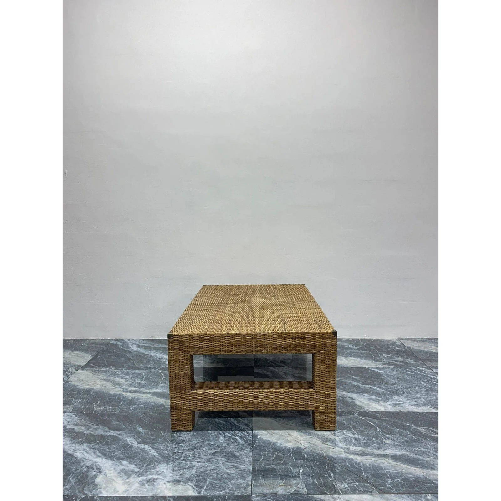 natural-fiber-woven-rattan-coffee-table-with-vintage-brass-corners-1942