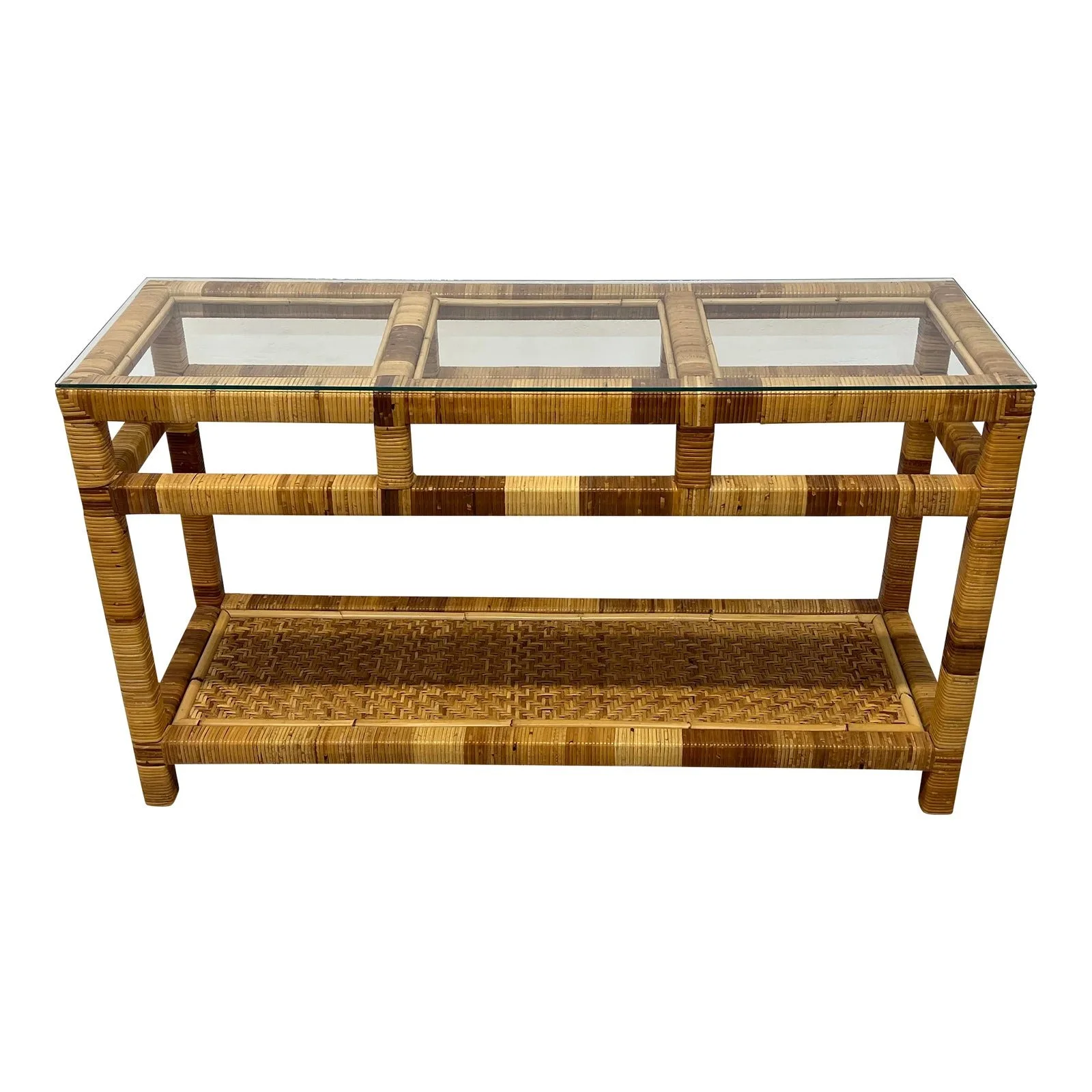 mid-century-rattan-and-glass-top-console-table-7916