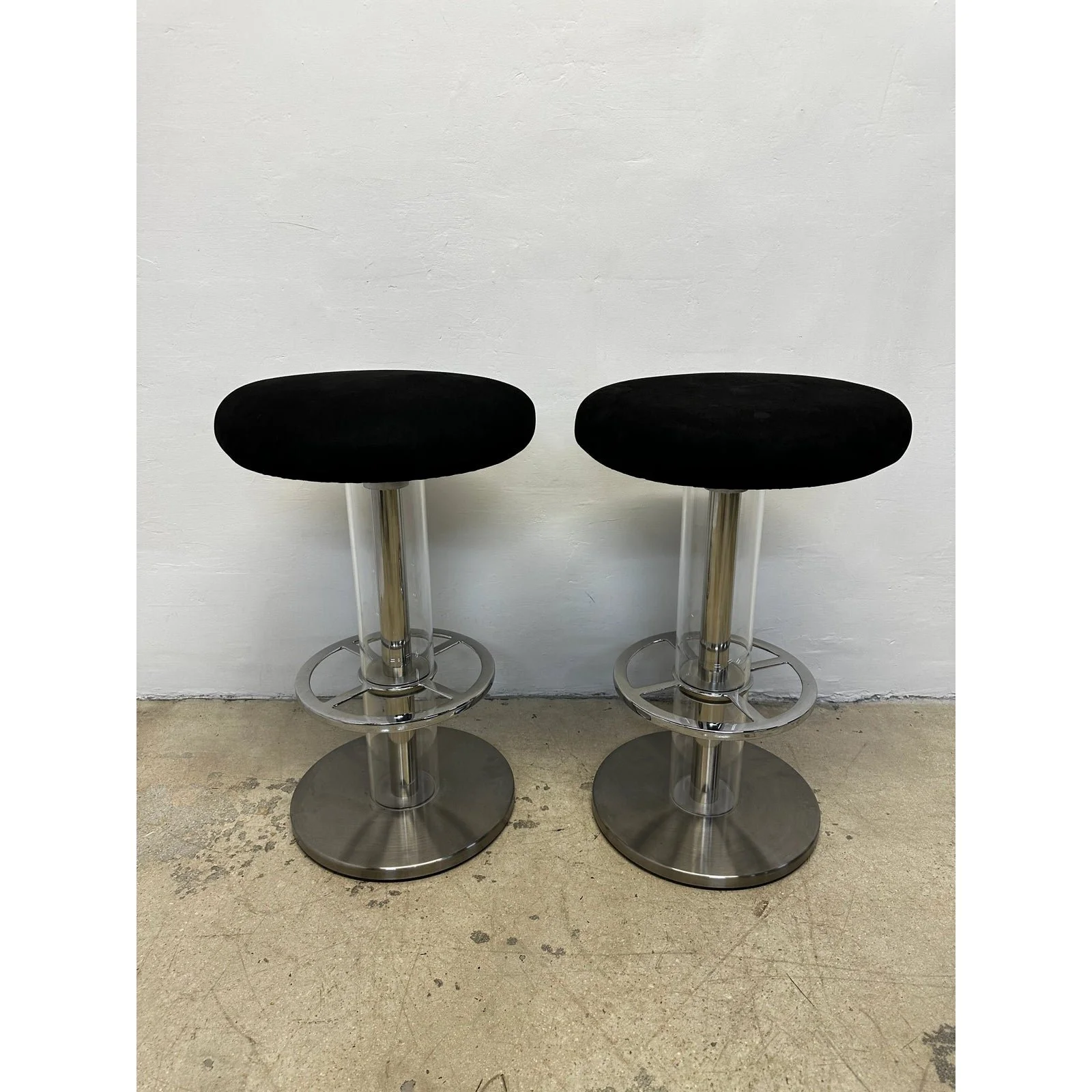 design-for-leisure-steel-and-black-ultra-suede-swivel-bar-stools-a-pair-8640