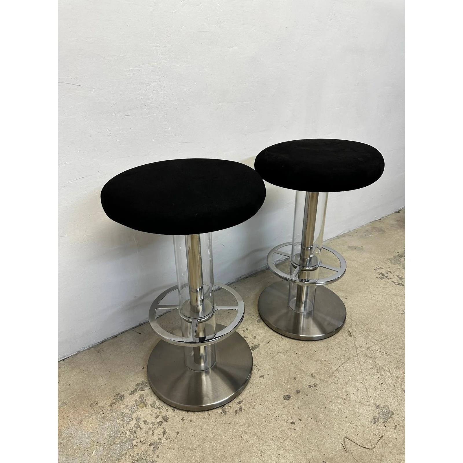 design-for-leisure-steel-and-black-ultra-suede-swivel-bar-stools-a-pair-7149