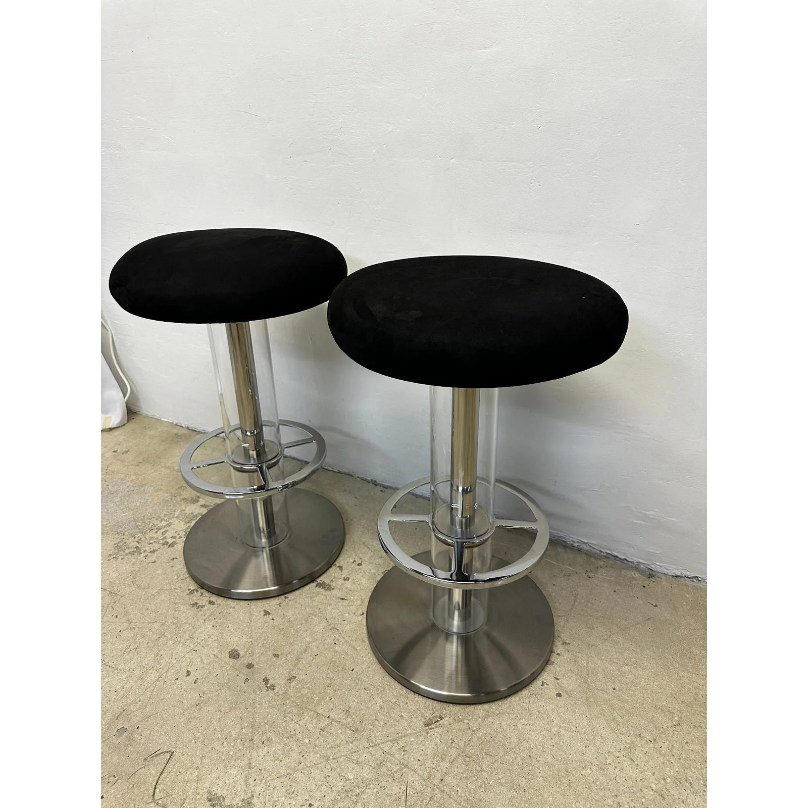 design-for-leisure-steel-and-black-ultra-suede-swivel-bar-stools-a-pair-9885