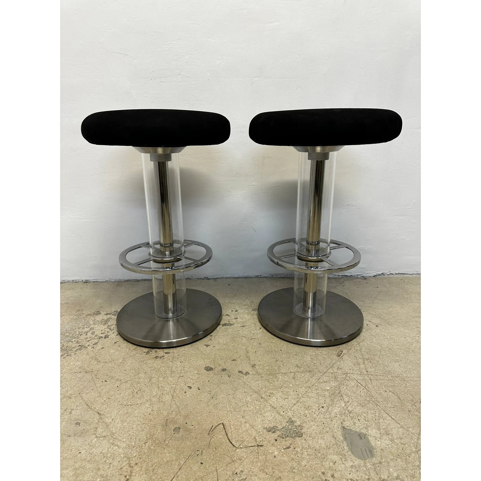 design-for-leisure-steel-and-black-ultra-suede-swivel-bar-stools-a-pair-4241