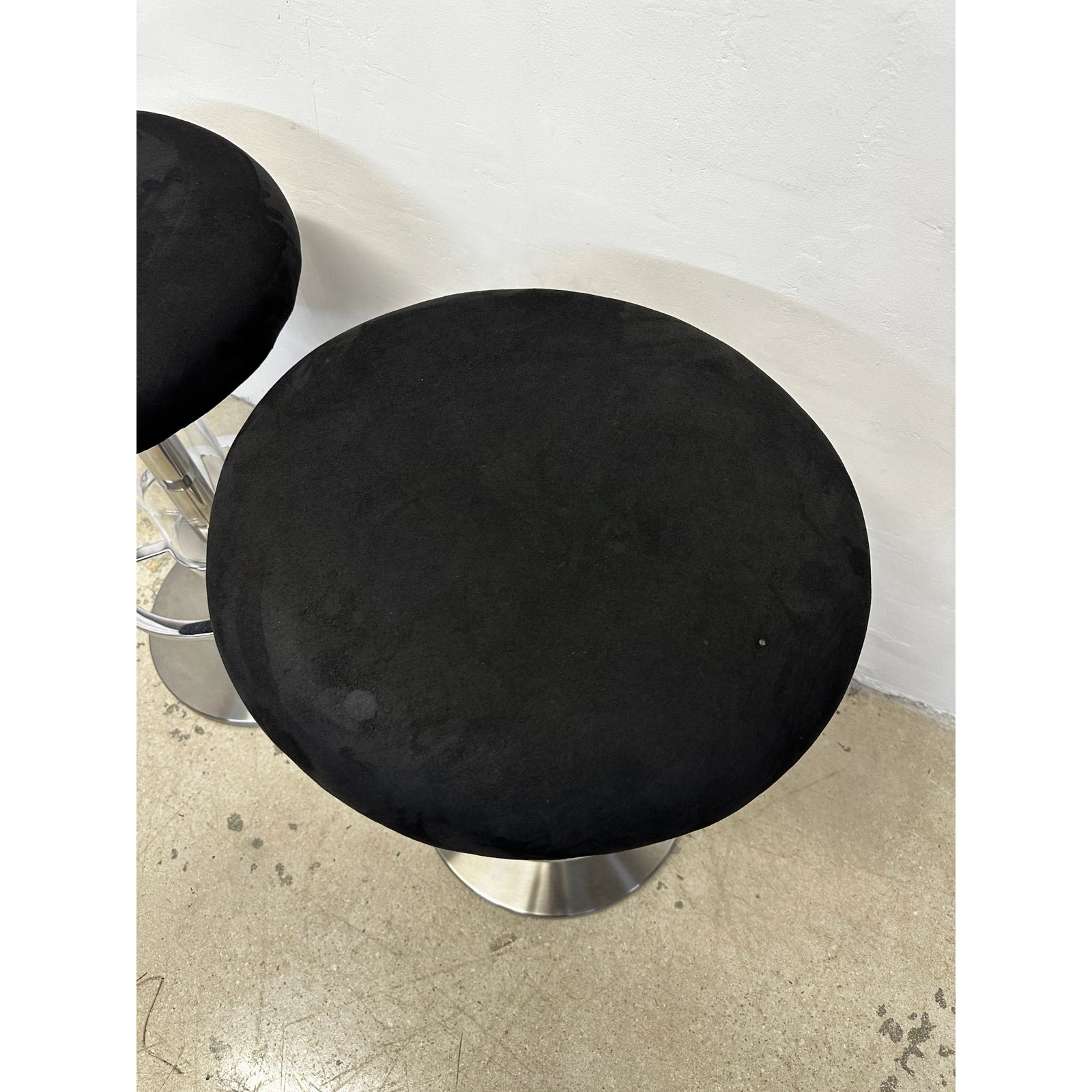 design-for-leisure-steel-and-black-ultra-suede-swivel-bar-stools-a-pair-2256