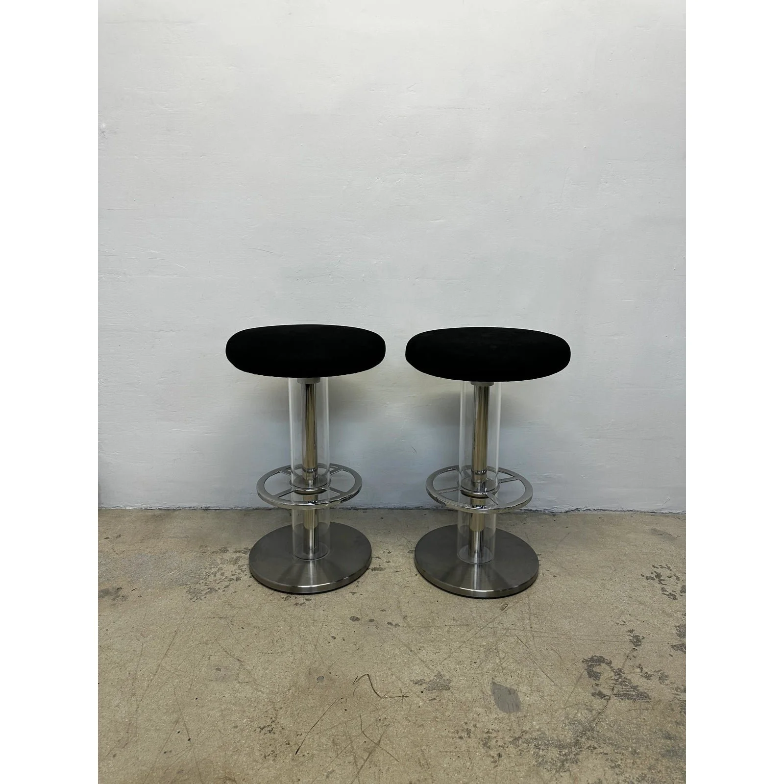 design-for-leisure-steel-and-black-ultra-suede-swivel-bar-stools-a-pair-2655