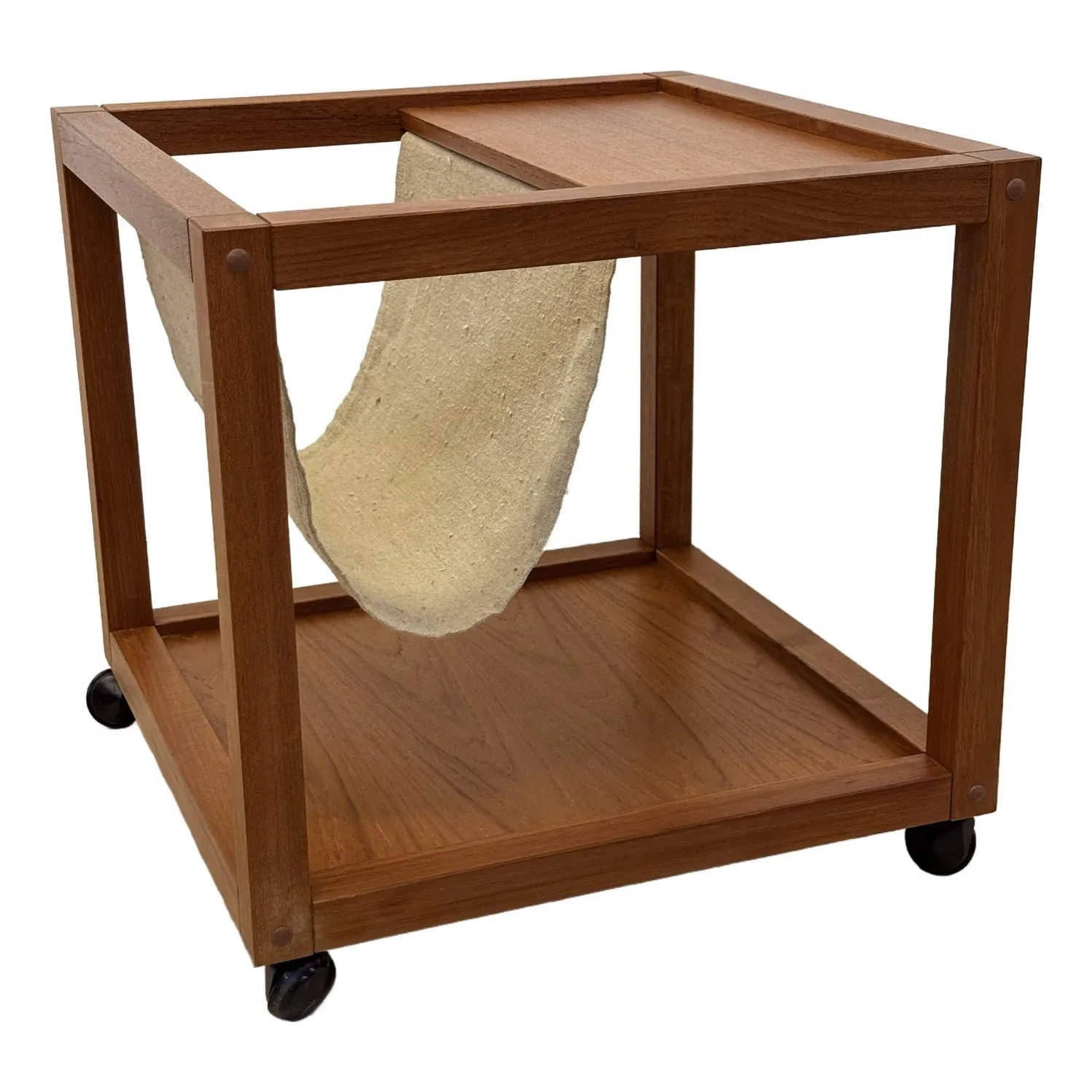 mid-century-danish-modern-teak-wood-rolling-end-table-with-magazine-or-book-holder-7840