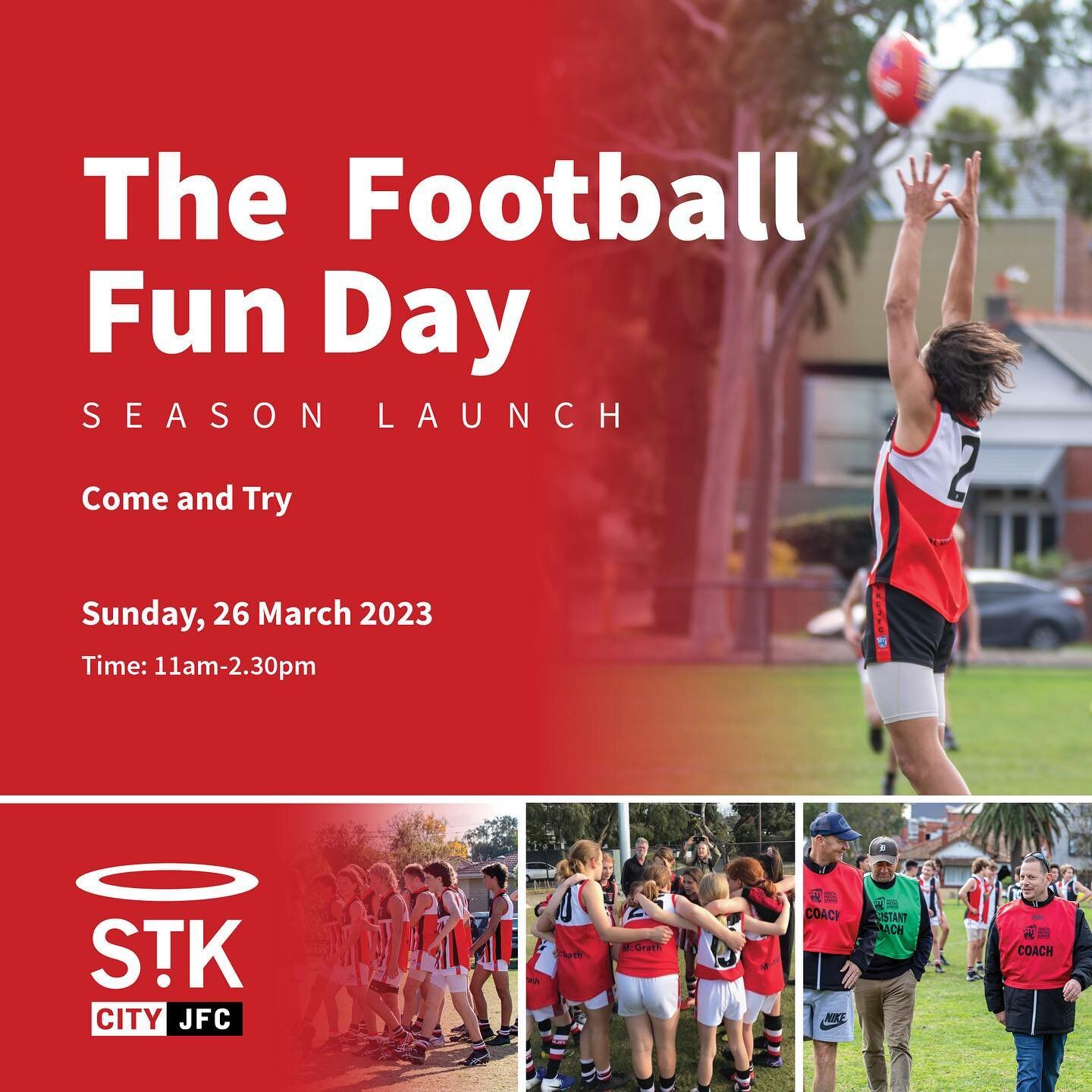 JOIN US FOR OUR 2023 FOOTBALL FUN DAY SEASON LAUNCH

When: Sunday 26th March 2023

Where: Wattie Watson Main Oval

Girls Session 11am-12noon
BBQ Lunch 12noon - 1pm
Boys Session 1pm - 2pm

Email info@stkildacityjfc.com.au for more details and we hope 