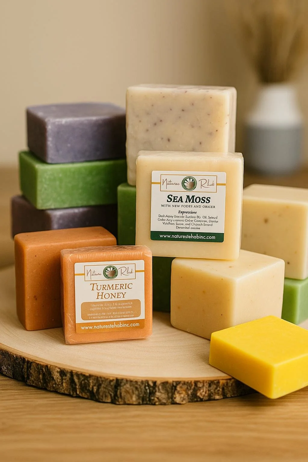 Colorful handcrafted soap bars arranged on a wooden surface.