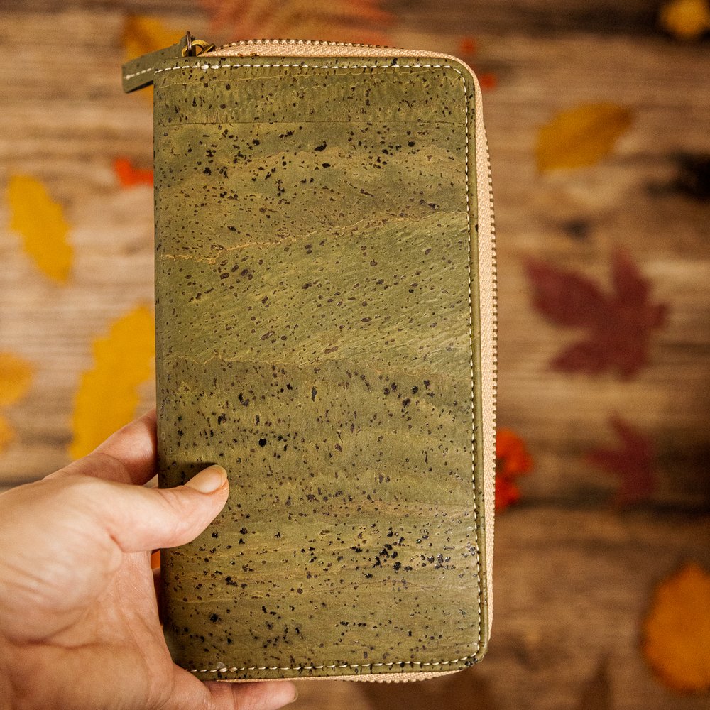 Green Cork Leather Long Zipper Wallet. -Ready to ship — Leafling Bags