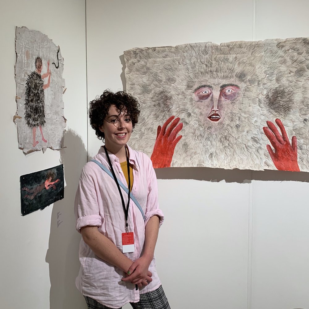  Matilda Sutton with her work at Vane’s booth at SOLO Contemporary, British Art Fair, London, 2023 