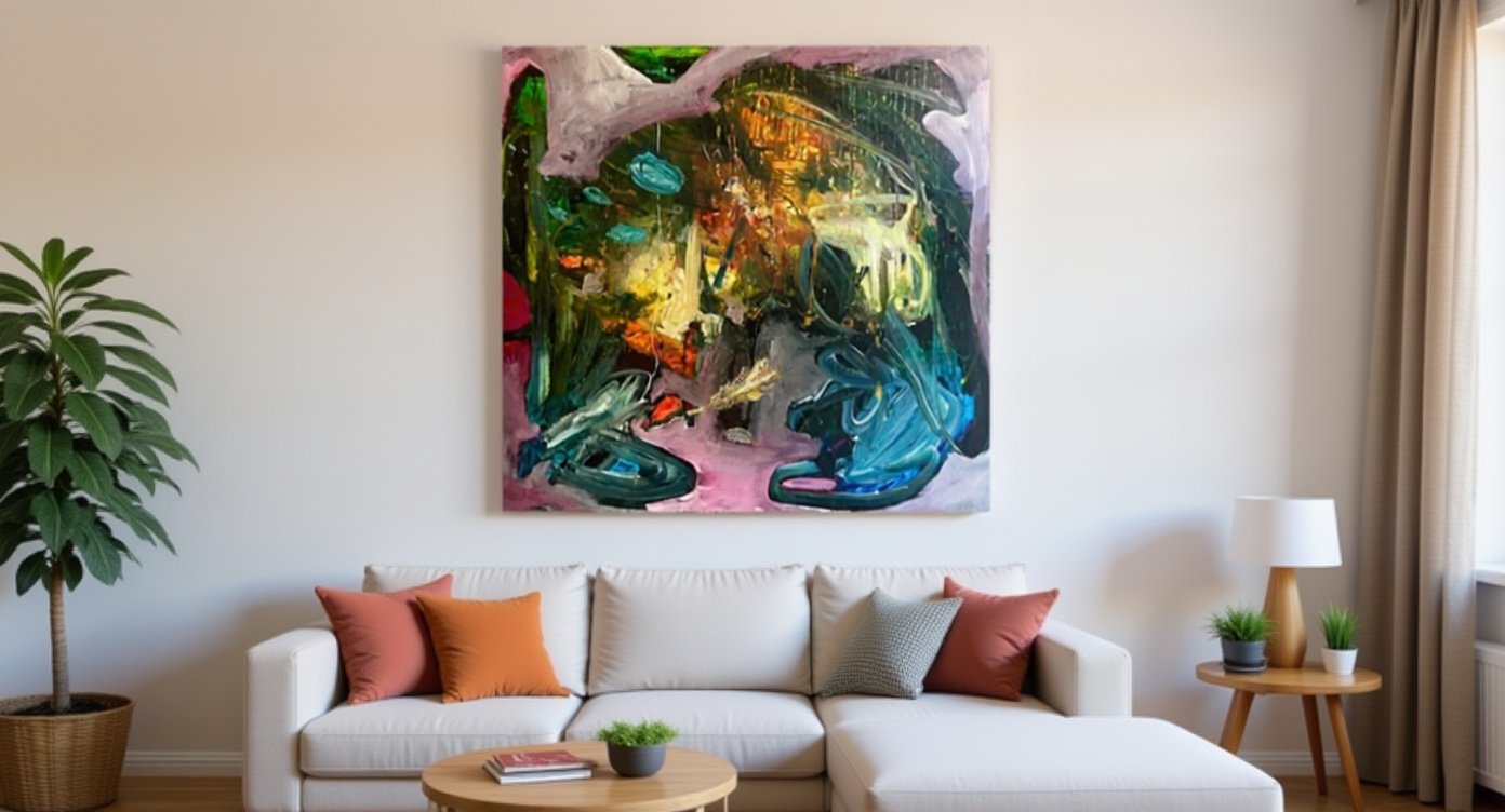 une toile carrée de 100 × 100 cm à l’échelle réaliste dans le salon.jpg