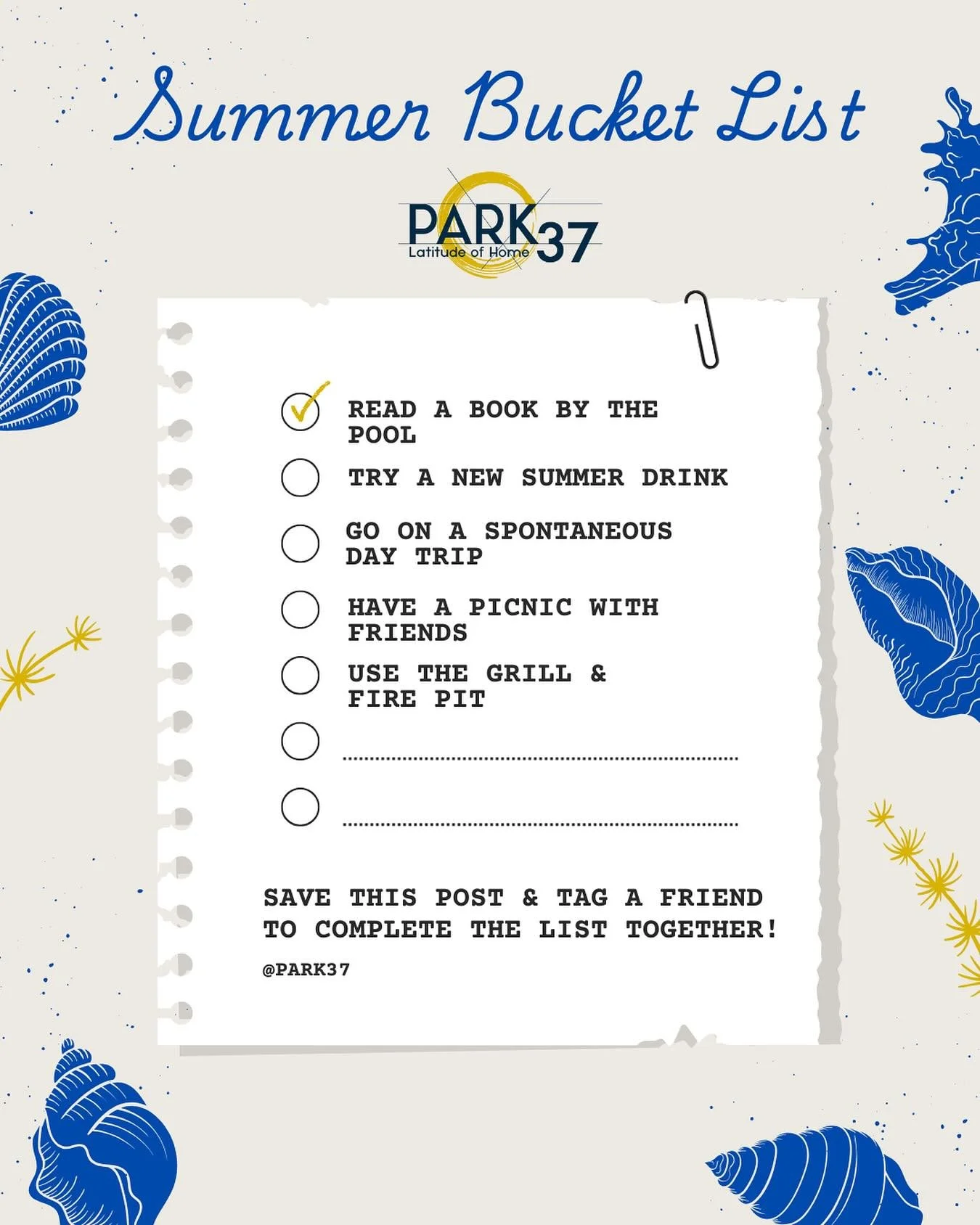 Which one are you checking off next? 👀

📖Read a book by the pool
🥤Try a new summer drink
🗺️ Go on a spontaneous day trip
🍓 Picnic with friends
🔥 Grill &amp; fire pit night
➕ Add your own ideas below!

Tag a friend who needs to complete this wit