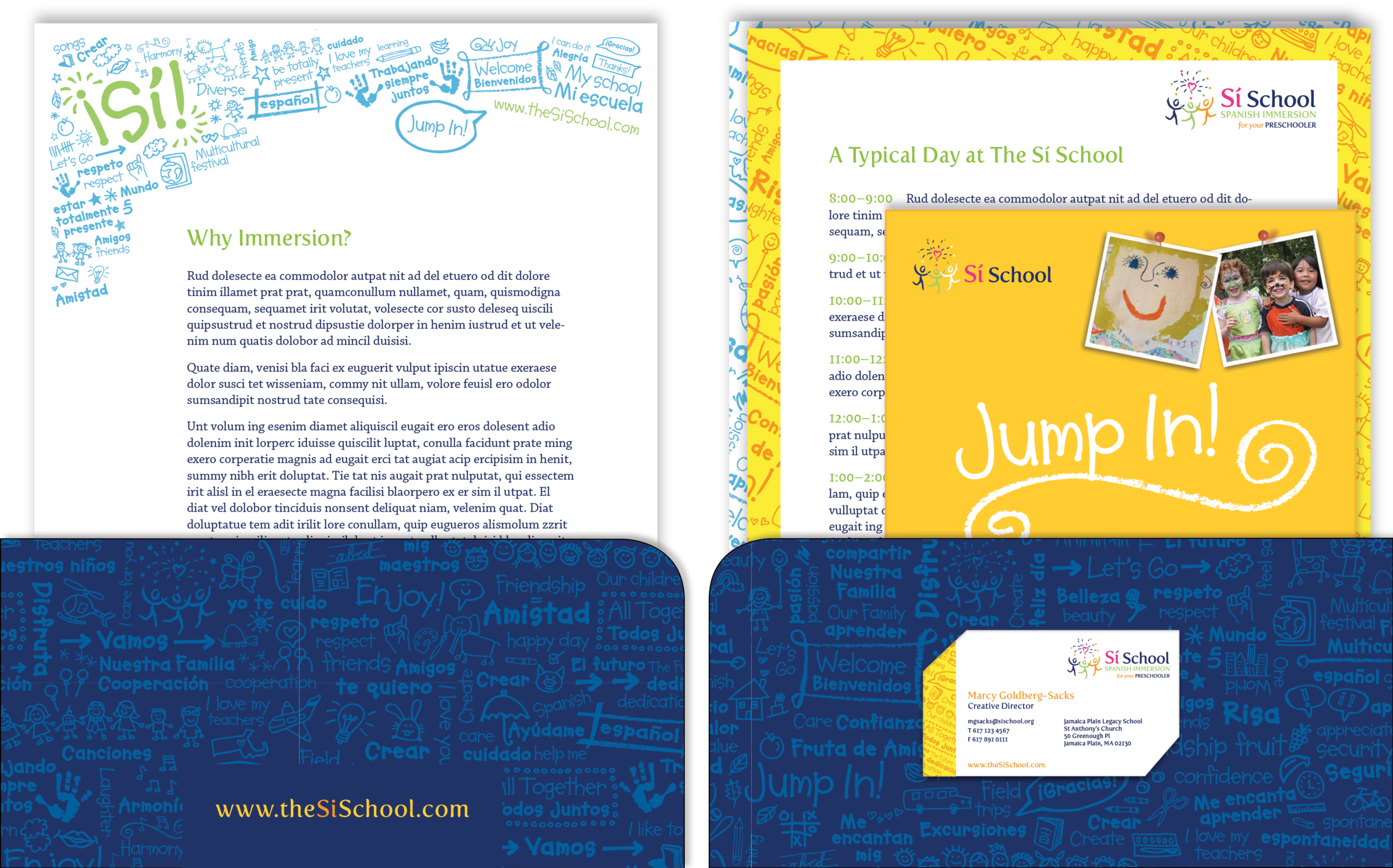 I created the branding including a spanish/english word/illustration pattern for a spanish immersion preschool franchise. The word pattern is in their marketing materials and as a wallpaper in their 9 locations.