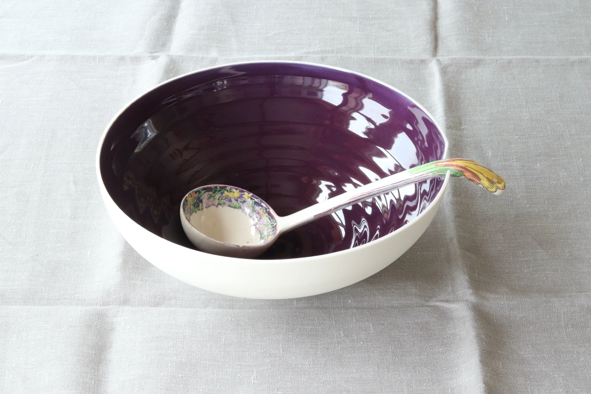 Large Purple Porcelain Serving Bowl & Floral Ladle