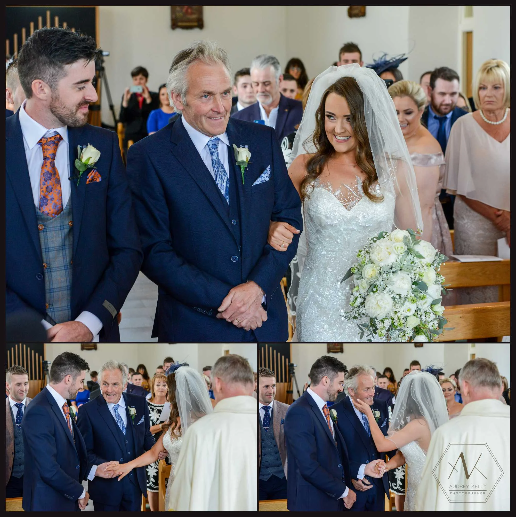 The first look as beautiful blaithnaid meets lee at the end of the aisle at their Ceremony location: Drumragh Parish, St Marys Feriagh Road, Omagh