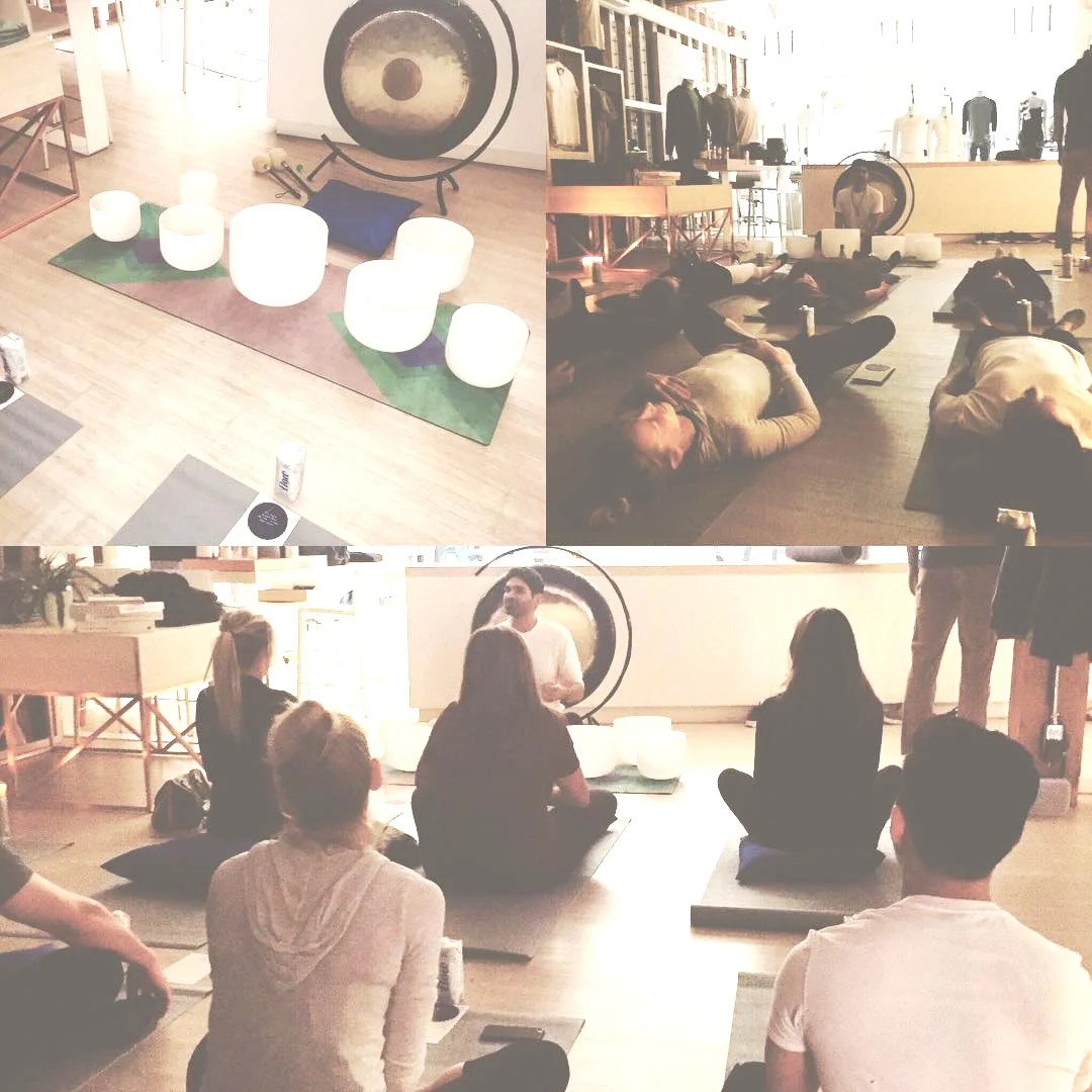 Farhad facilitating a corporate wellness sound healing session at Kit and Ace in Gastown, Vancouver