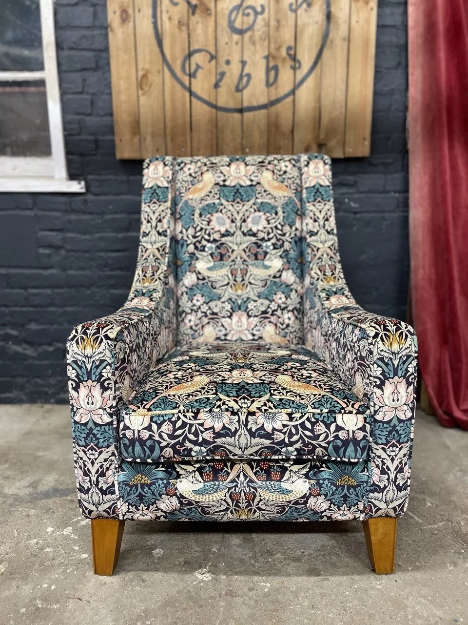 Re upholstery. Beautiful recover of wing chair in William Morris velvet