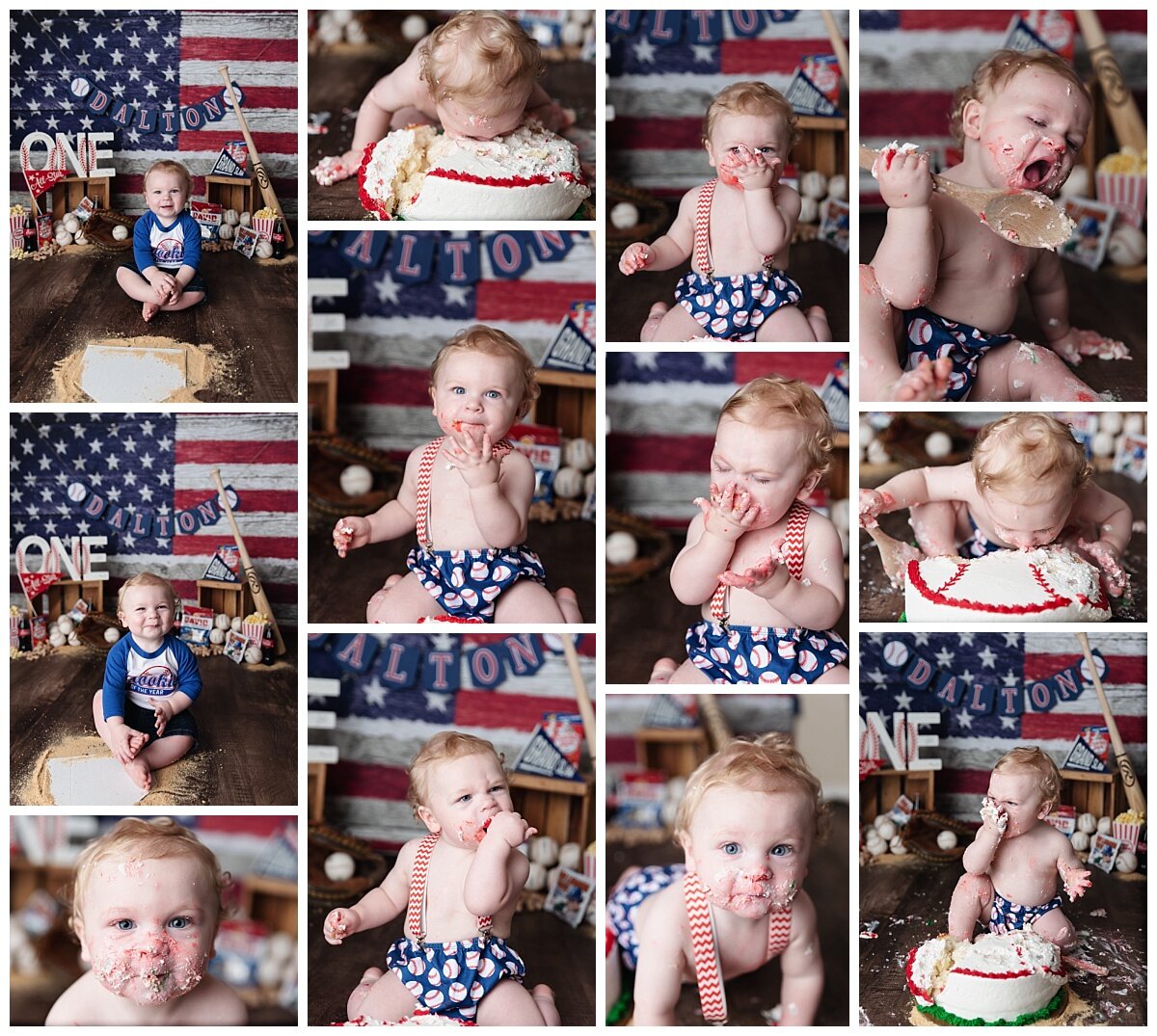 One Year old boy with a baseball theme cake smash.