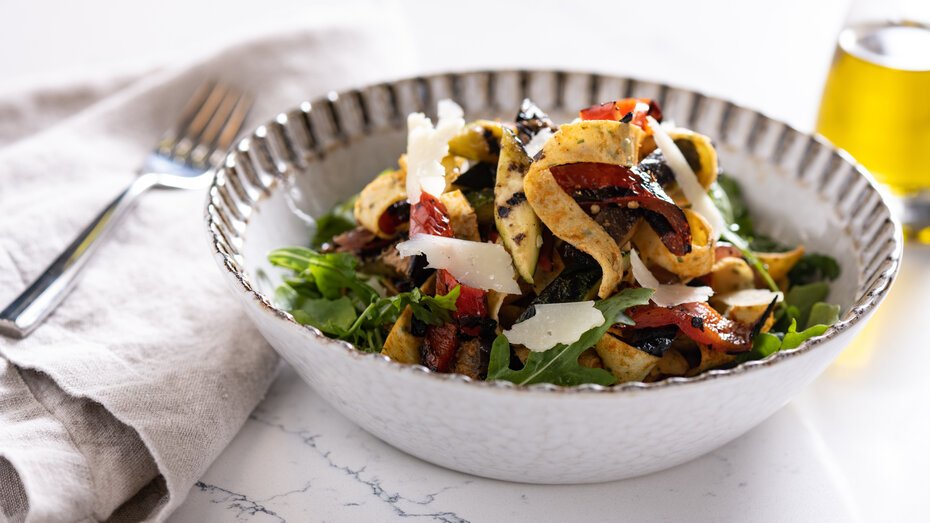 Crepe Noodle Bowl with Grilled Vegetables and Romesco