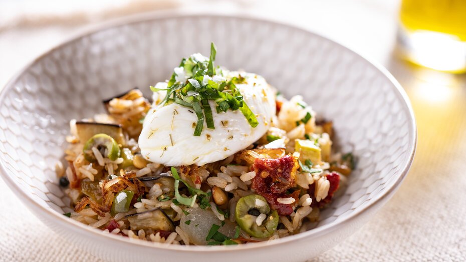 Sicilian Fried Rice with Olive Oil Poached Egg