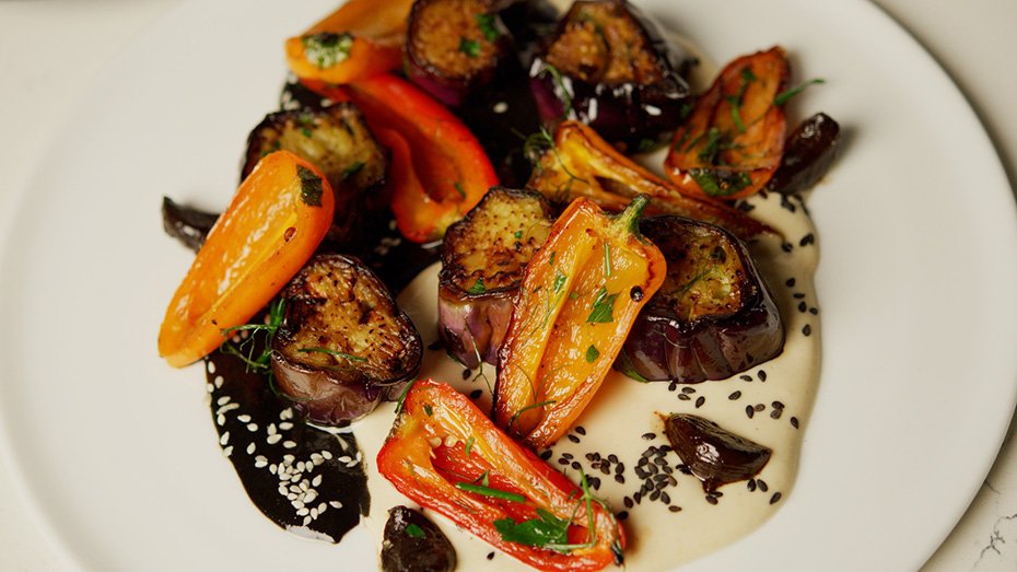 Braised Vegetables with Black and White Tahini Sauces