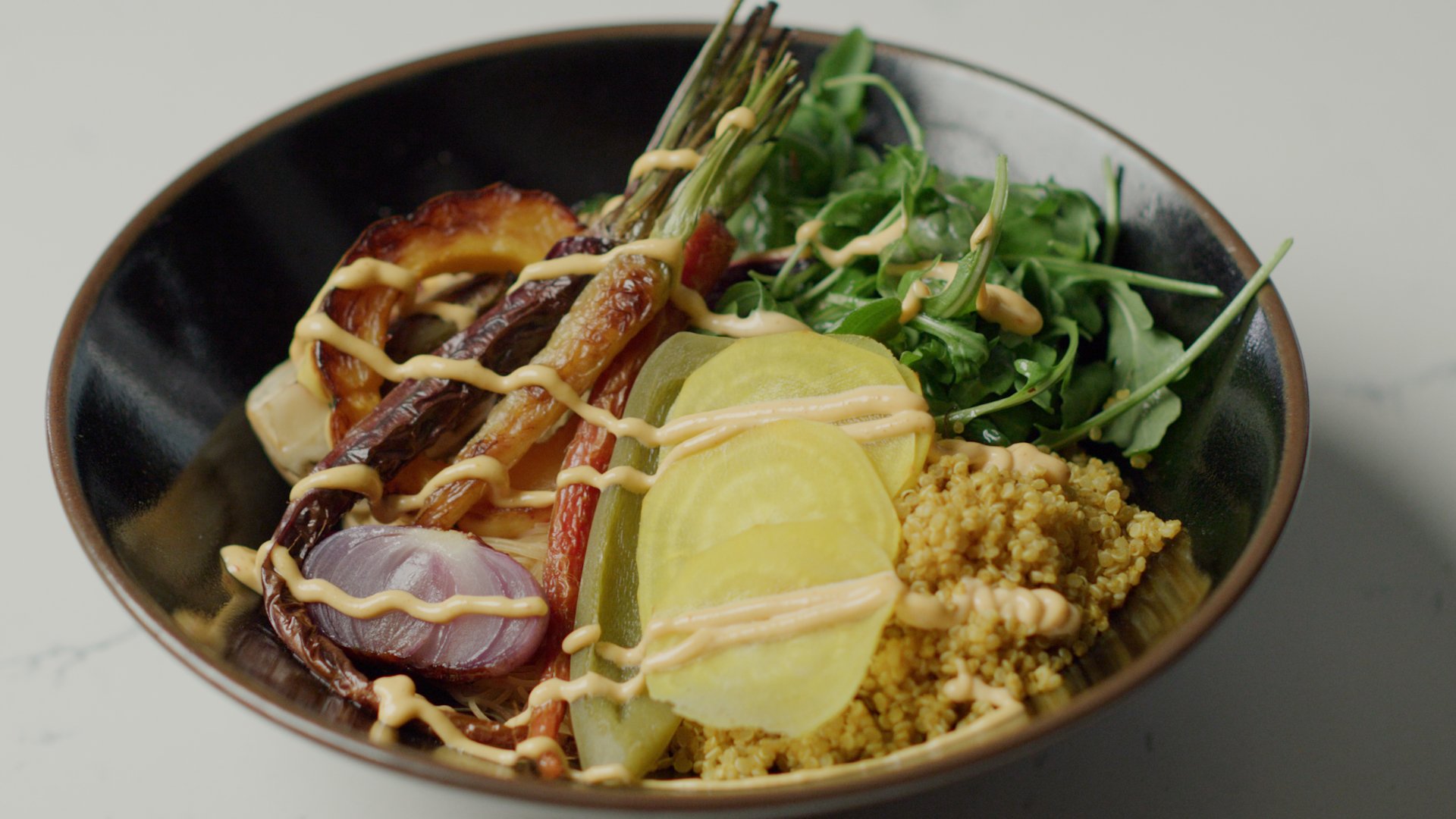 Rice Noodle Bowl with Roasted Vegetables and Curried Quinoa