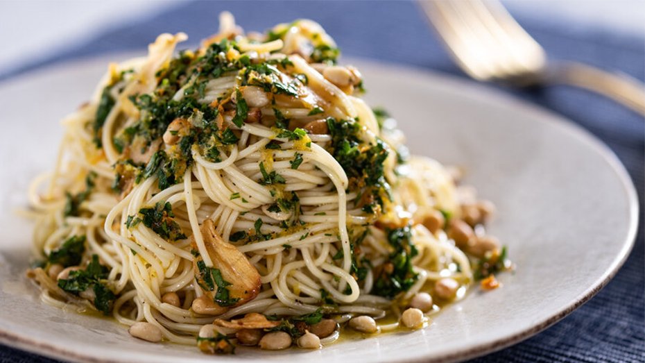 Angel Hair Pasta With Pine Nuts, Toasted Garlic and Burnt Citrus Gremolata  — The Plant-Forward Kitchen