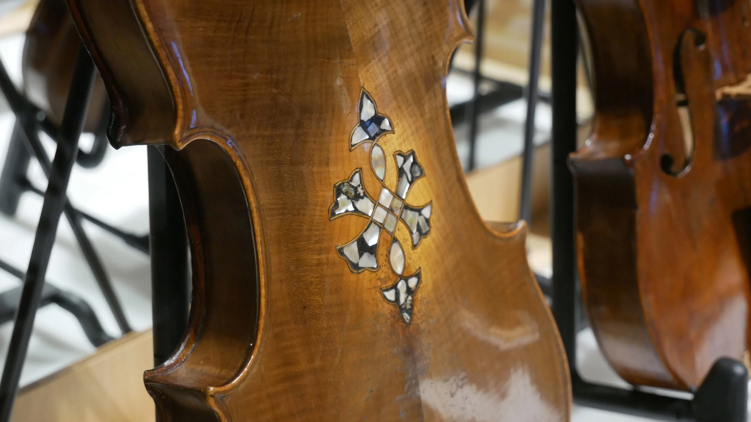An instrument from the Violins of Hope collection, on display in the Nashville Public Library in 2018.