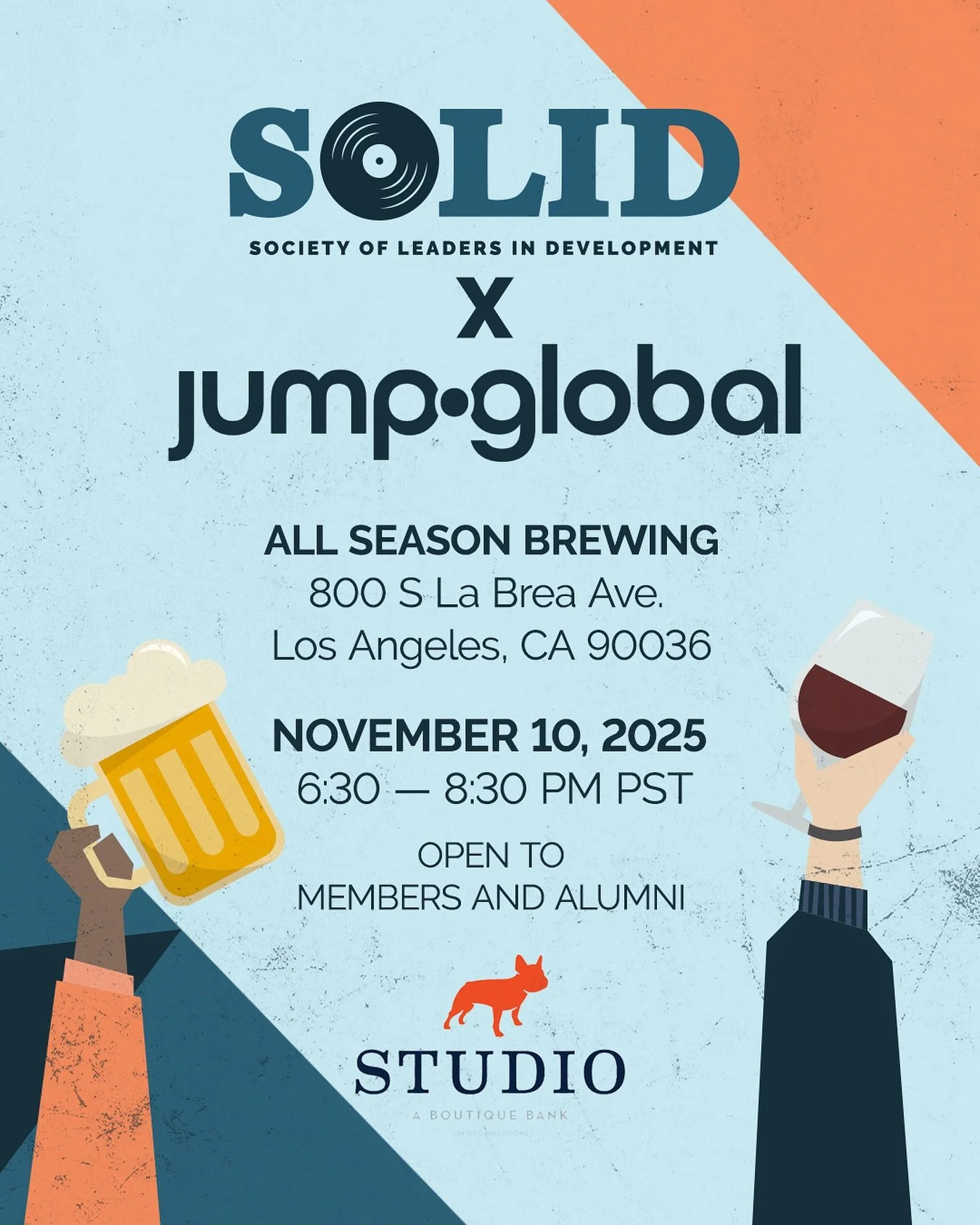 The wait is almost over! Join us for our first-ever SOLID LA Happy Hour in collab with @jump.global&rsquo;s summit on November 10th at All Season Brewing! Reconnect, grab a drink, and celebrate this milestone with us. Open to the public, we can&rsquo