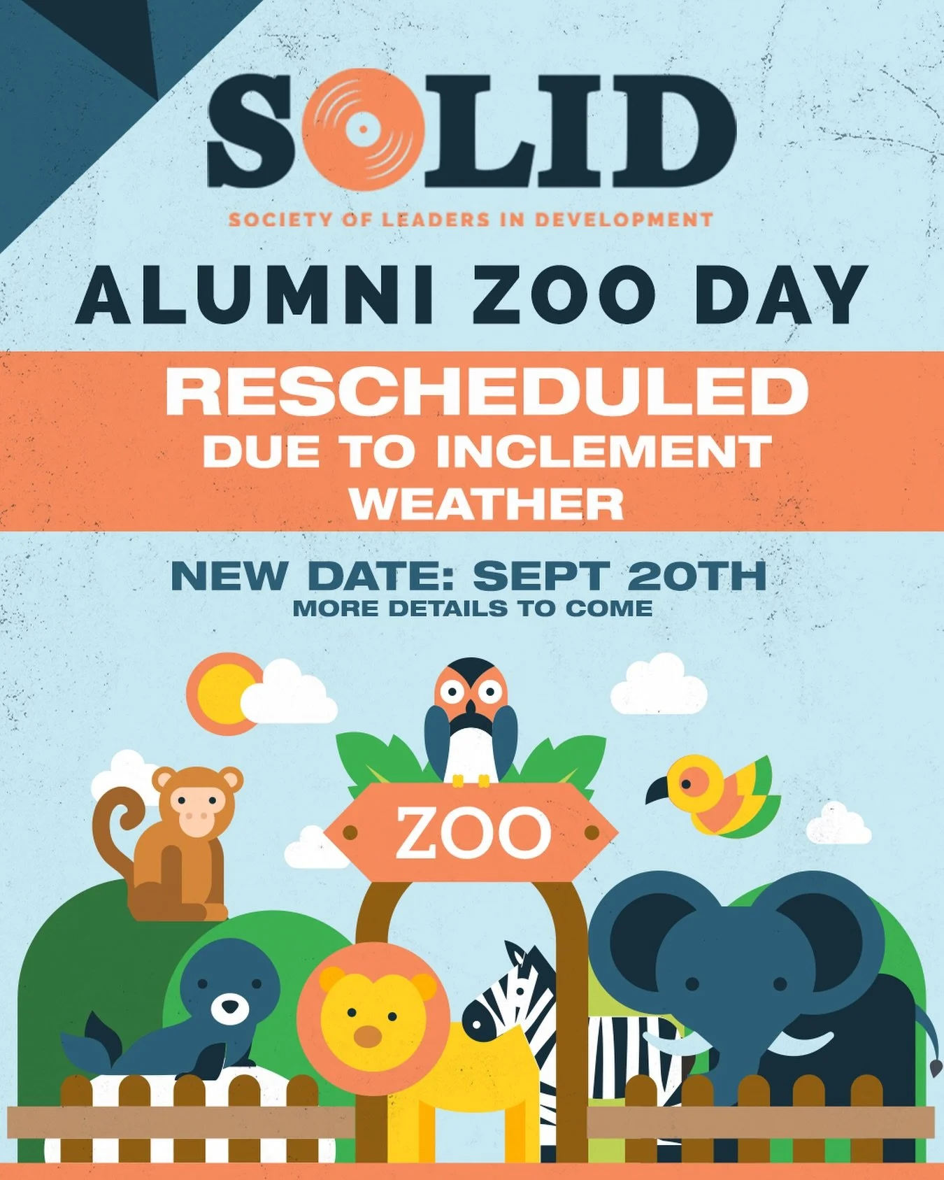 ⚠️&nbsp;Important Update&nbsp;⚠️

Due to the expected inclement weather this weekend, we are postponing Alumni Zoo Day.

Please mark your calendars for our new date: September 20. More details to come. 

Thank you for your understanding, and we look 