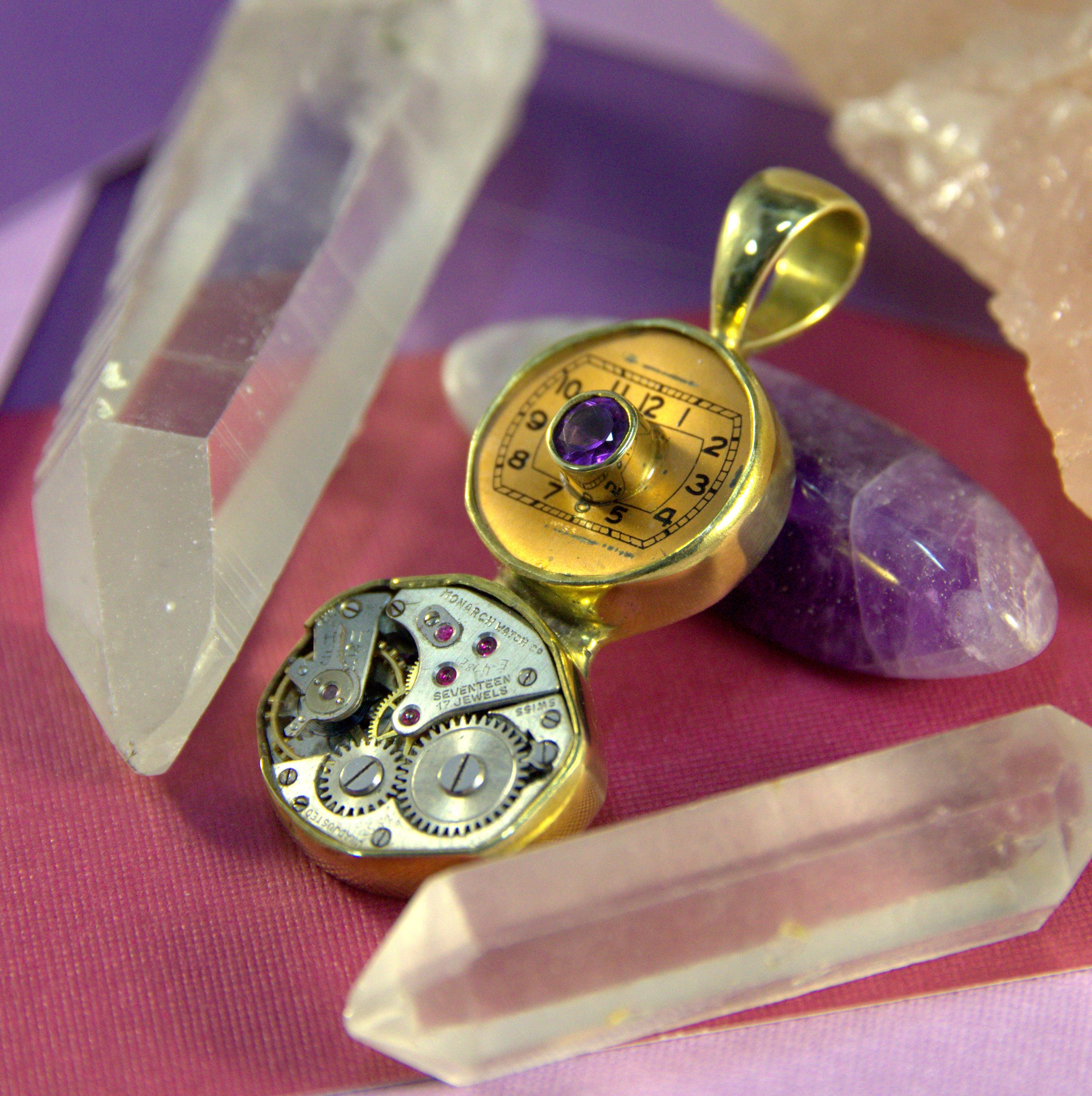 Recycled Watch Movement with Amethyst Pendant