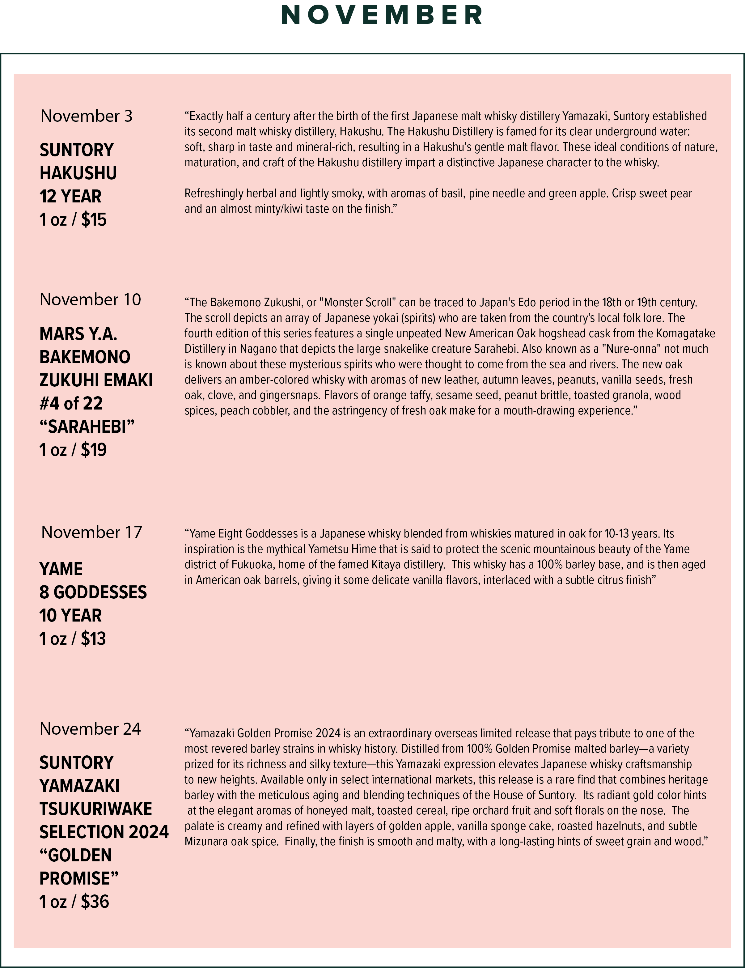 A print calendar page for November featuring descriptions of various Japanese whisky products with their tasting notes and prices, set against a black background with pink highlight boxes.