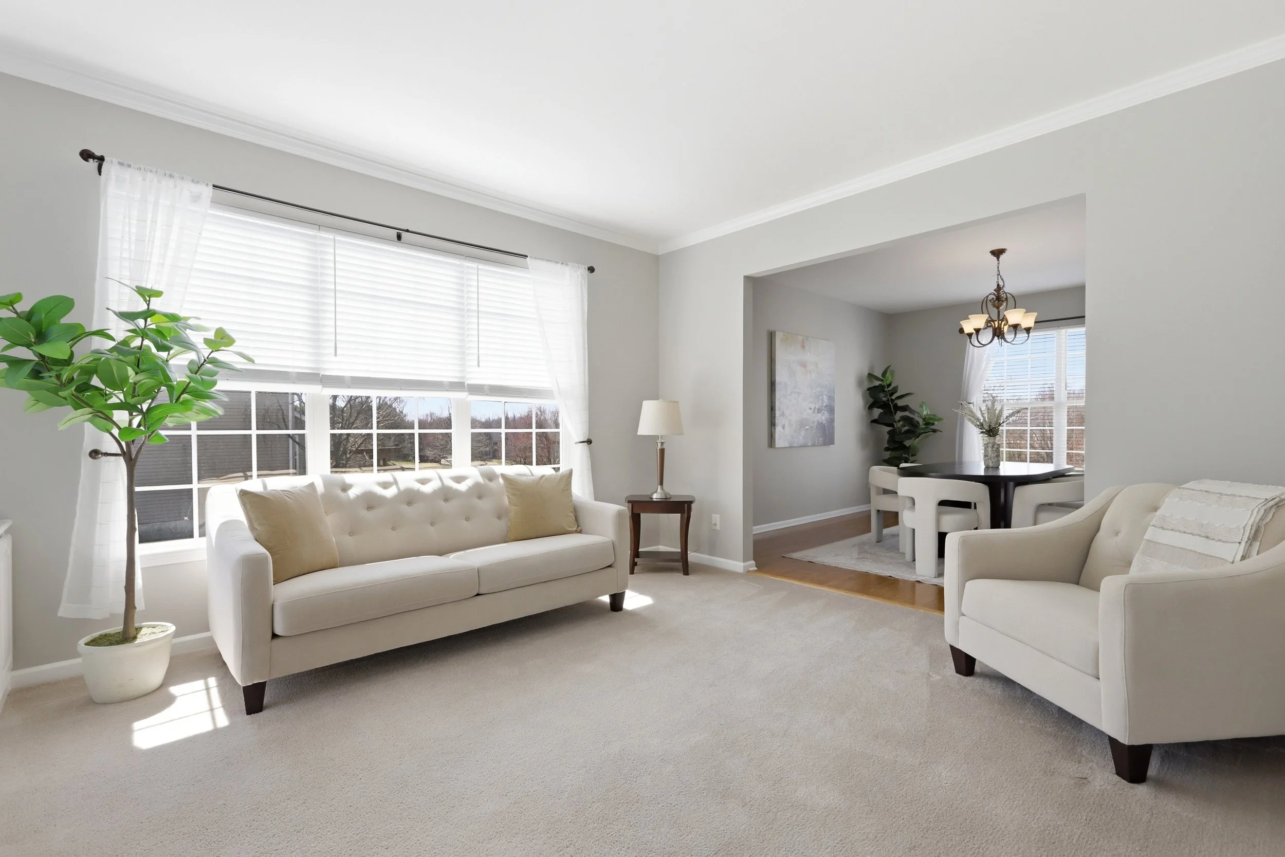 A bright living room with beige carpet, white sofa with beige pillows, a tall green potted plant, and large windows with white blinds and curtains. A dining area with a dark table, white chairs, and a chandelier is visible in a nook.