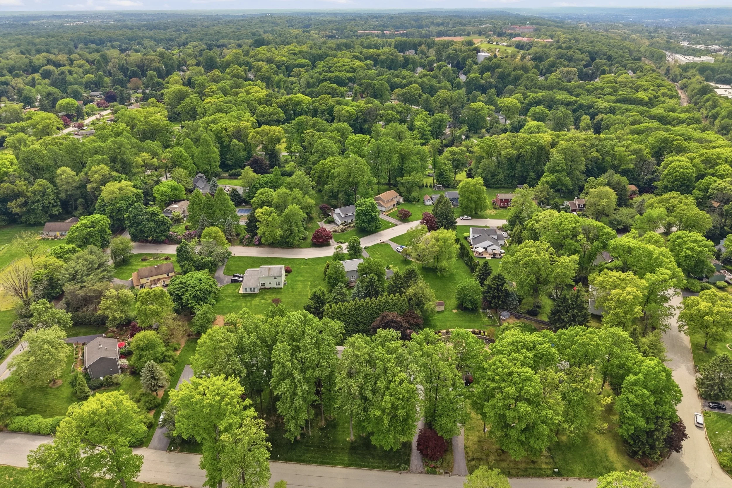 Aerial view of a suburban neighborhood surrounded by dense green trees, with houses, streets, and gardens visible.