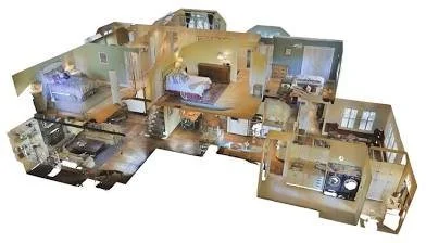A 3D floor plan of a house featuring multiple rooms including bedrooms, bathrooms, a kitchen, a living room, and laundry area, with furniture and fixtures.
