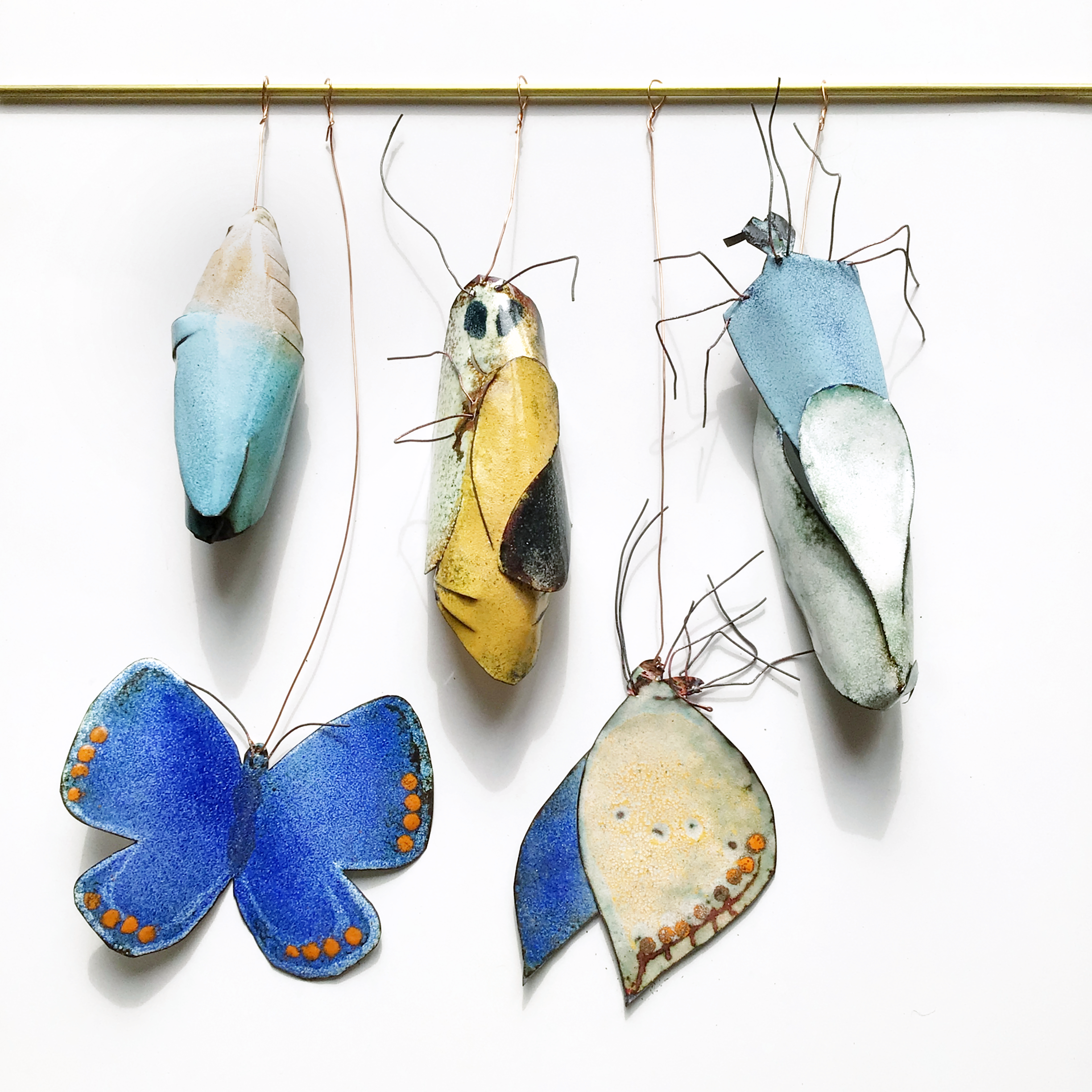 Sequence- five stages in the life cycle of the butterfly. Enamel on copper.