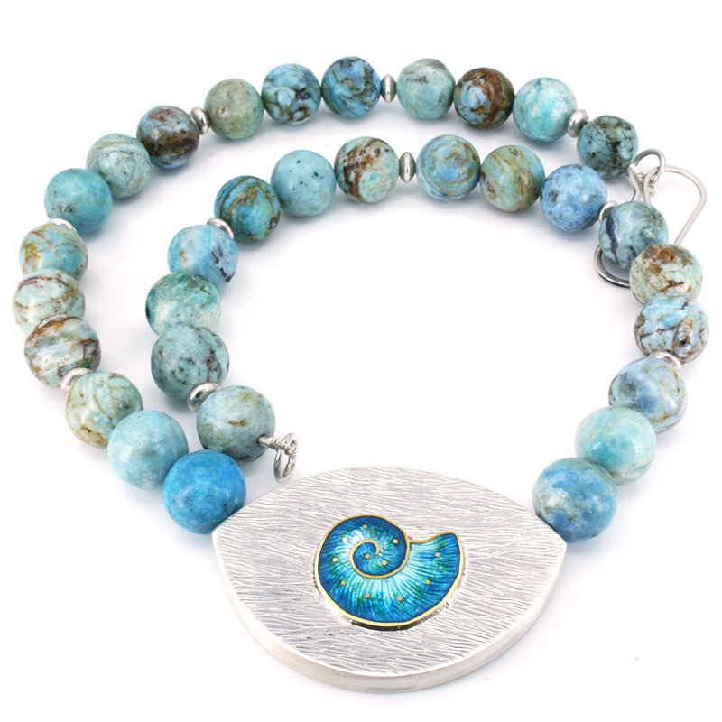 Ammonite necklace with African Blue Opal Beads