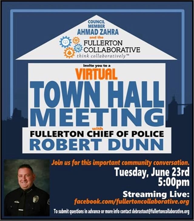 Hope you can join us tonight at 5 p.m. This will be streaming live here on our facebook page (link is in our bio). Missed it? No worries you can find it later on the Fullerton Collaborative Youtube Channel and website www.fullertoncollaborative.org