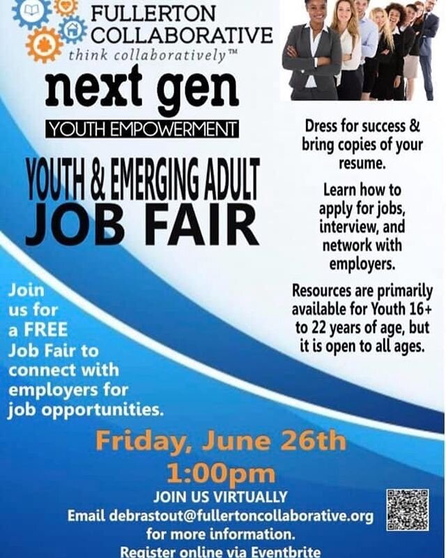 ‪Our VIRTUAL Youth &amp; Emerging Adult Jon Fair is this Friday from 1:00 pm to 3:00 pm. If you or someone you know may be interested in attending, follow the link to sign up. The link is in our bio as well. 
https://www.eventbrite.com/e/fullerton-co