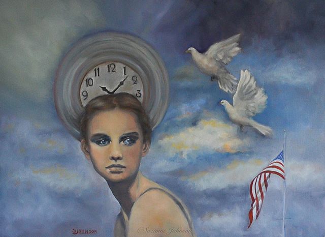 &ldquo;Lady Liberty Awakens&rdquo; Oil Painting on Linen. A homage to Jasper Johns, and a wish for peaceful times . . .
.#oiloncanvas  #womanartist #symbolism #narrativepainting #peace #time #woman #paintingsworldpeace
#doves #ladyliberty #contempora