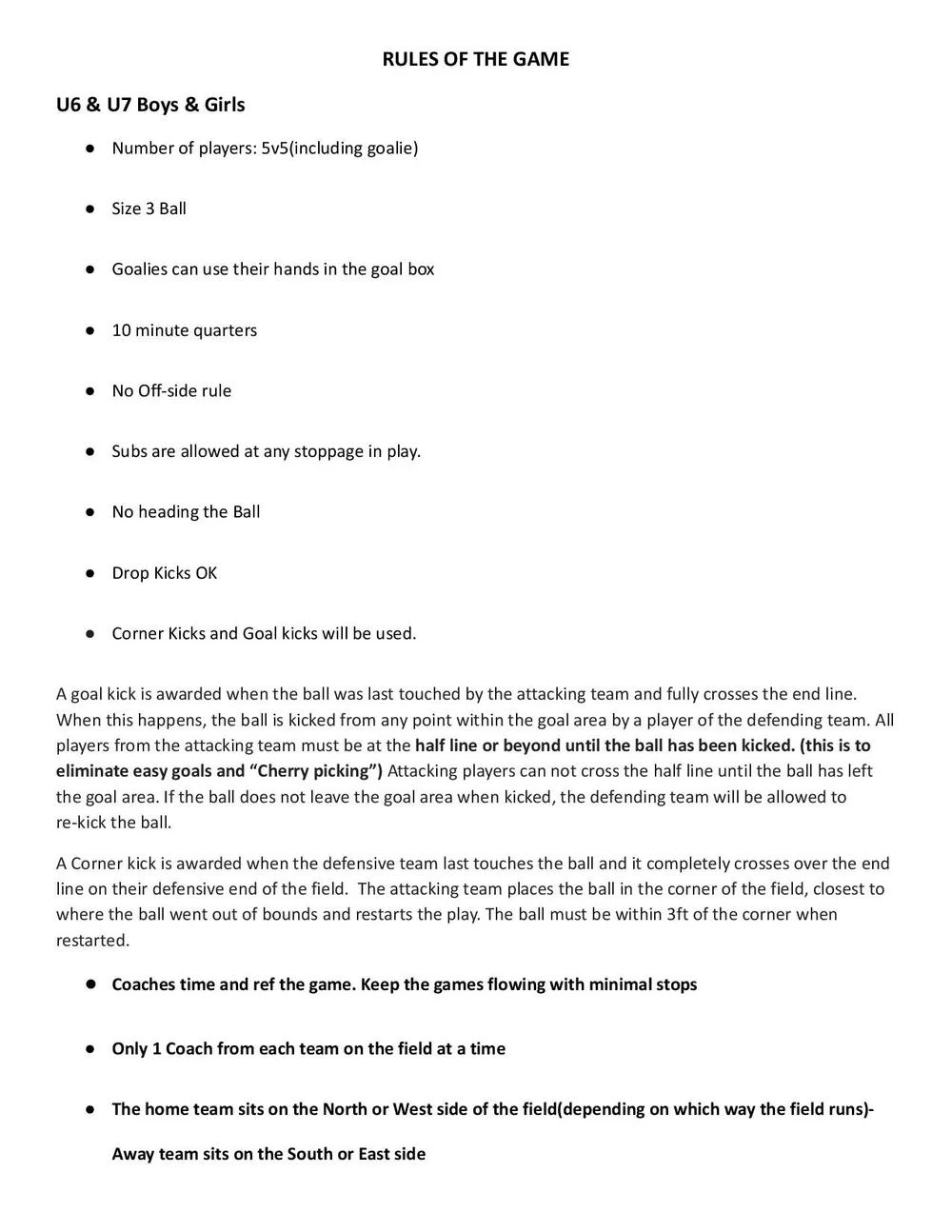 U6 and U7 Rules — SWAT RECREATION SOCCER