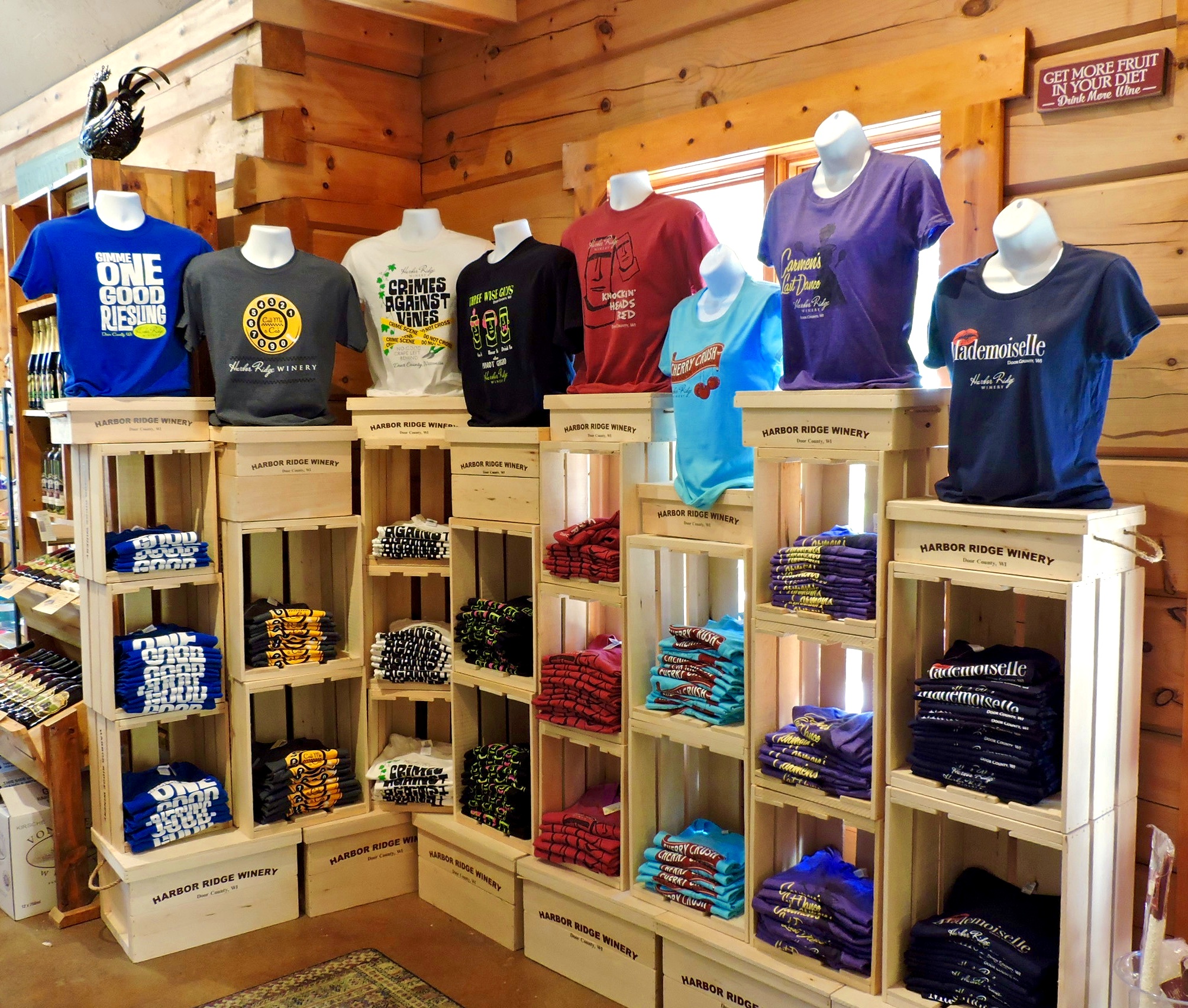 For those of you who want to shout your love of Harbor Ridge Winery from the rooftops, there are Harbor Ridge Winery t-shirts with your favorite wine labels. We have sizes ranging from Small – 3x Large.