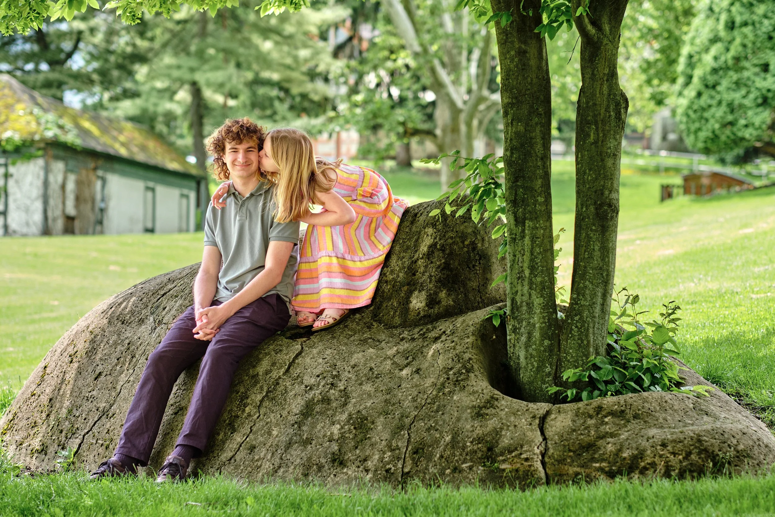 A pair of siblings sitting on a large rock in a park, with the girl kissing the boy on the cheek. The girl is wearing a colorful striped dress, and the boy is wearing a gray polo shirt and dark pants. They are surrounded by green trees and grass.