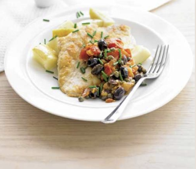 Flattened chicken with tomatoes, olives &amp; capers