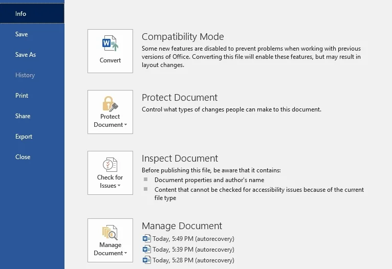 Word File Menu - Info