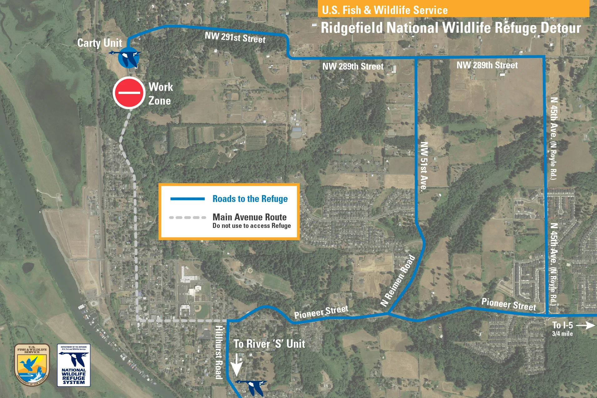 Detour routes to the Carty Unit, which remains open for normal hours during the project. ( printable map )